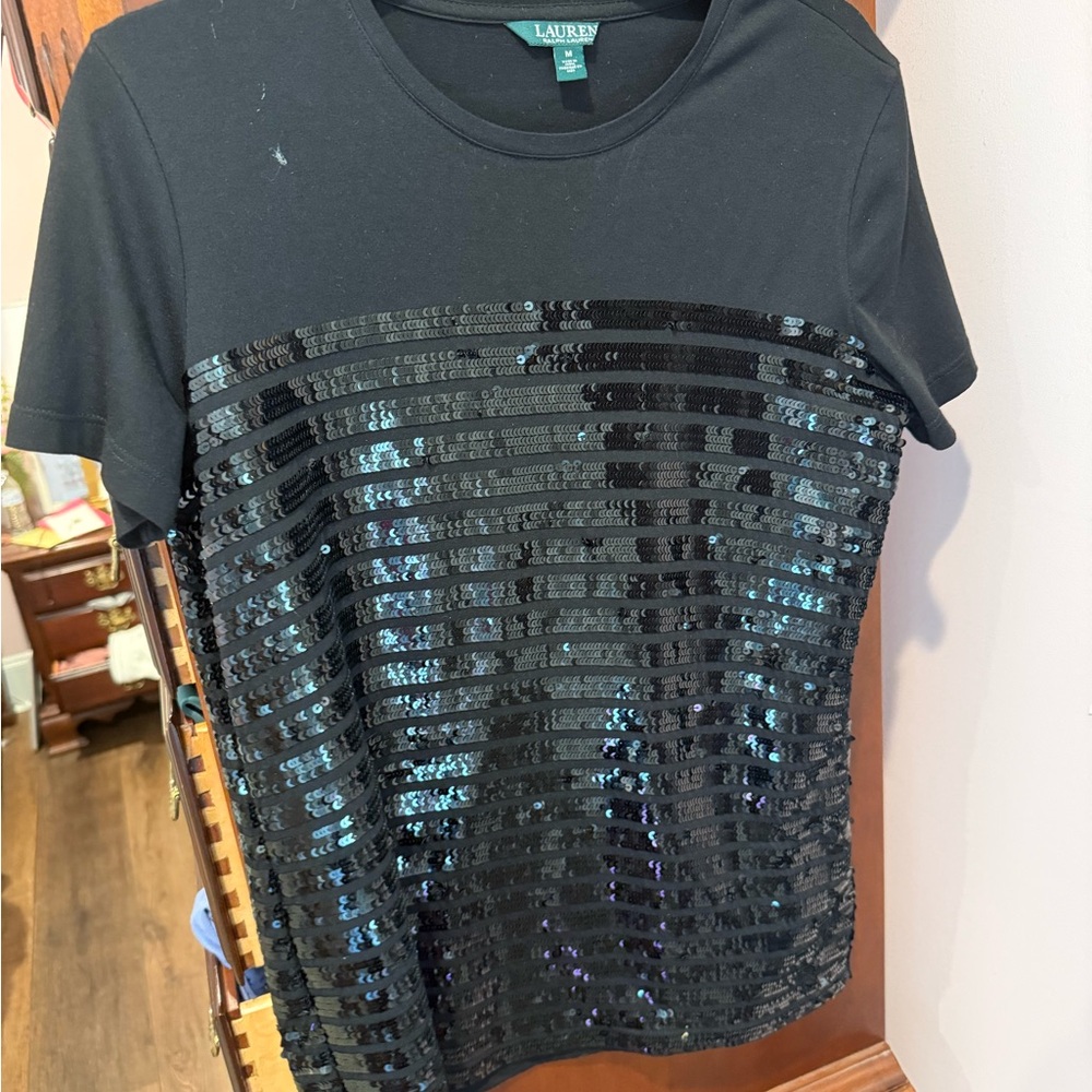 Ralph Lauren Black Short-Sleeve Sequin Stripe Tee